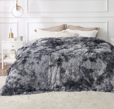 Bedsure Fluffy Sherpa Fleece Faux Minky Fur Blanket Queen 90x90" Gray TieDye NEW