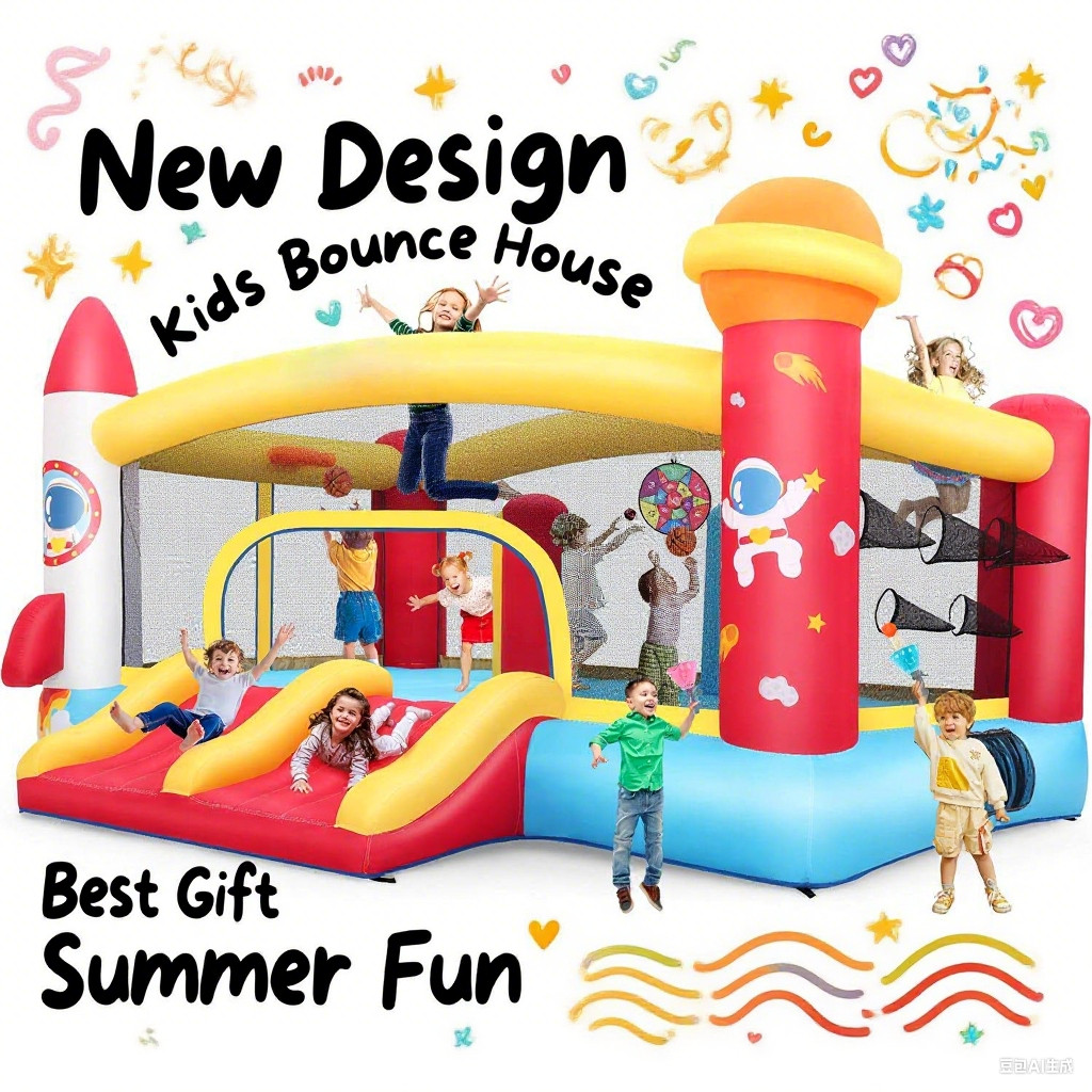 REGALO PARA NIÑOS Casa de rebote de cohete de verano con aros de baloncesto dobles y soplador de aire