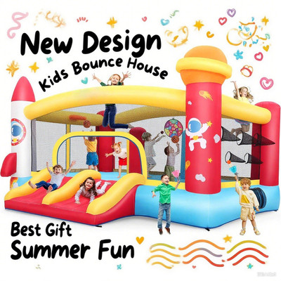 kIDS GIFT   Summer Rocket Bounce House with Dual Basketball Hoops & Air Blower