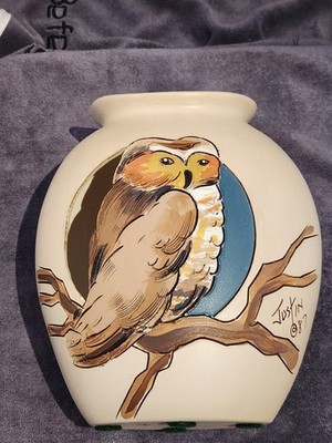 Signed Thunderbird Indian Gallery Pottery Vase Votive Owl Hand Carved Painted