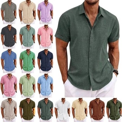 Neu Herren Leinenhemd Hemden Sommer Kurzarmshirt Freizeit Urlaub T-Shirt Tops