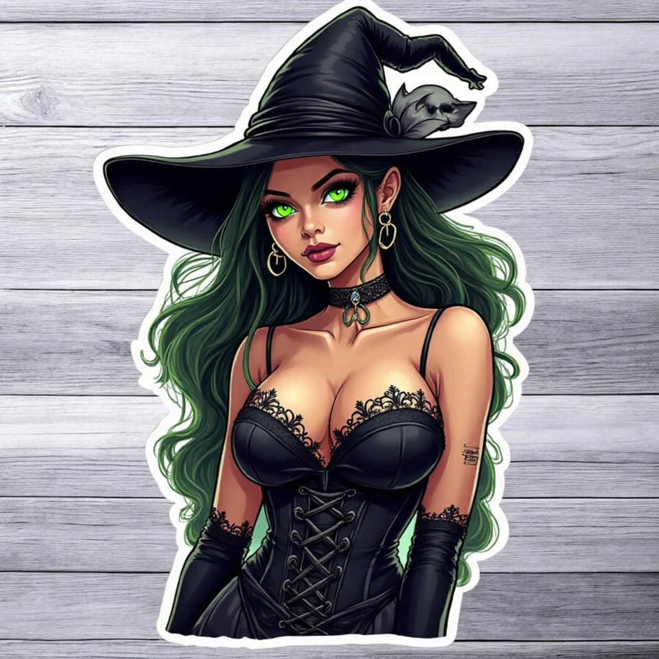 BUMBLEBEE APPAREL Pinup girl sticker vinyl decal sexy witch green eyes corset hat dark fantasy