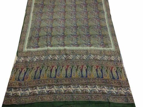 Om Vintage Indian Sari Crepe Silk Hand Beaded Work Green Saree Deco Y11534 - Picture 5 of 12