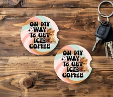 2 Getting Iced Coffee, Car Coasters, 2.75"/5mm thick/neoprene/non-slip/(car161)