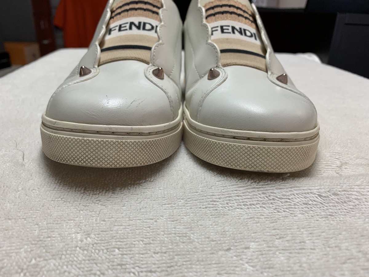 Fendi Vitello Rockoclick White Leather Knit Logo Slip On Fendi Vitello Rockoclick White Leather Knit Logo Slip On