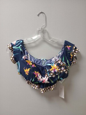Trina Turk Midnight Paradise Off Shoulder Flounce Swimsuit Bikini Top Sz 8  -A32