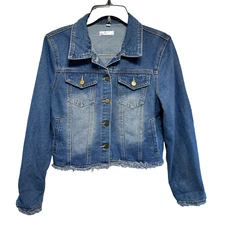 Miss Moly Jean Jacket Size M Blue Denim Frayed Raw Hem Med Wash Slit Cuff Grunge
