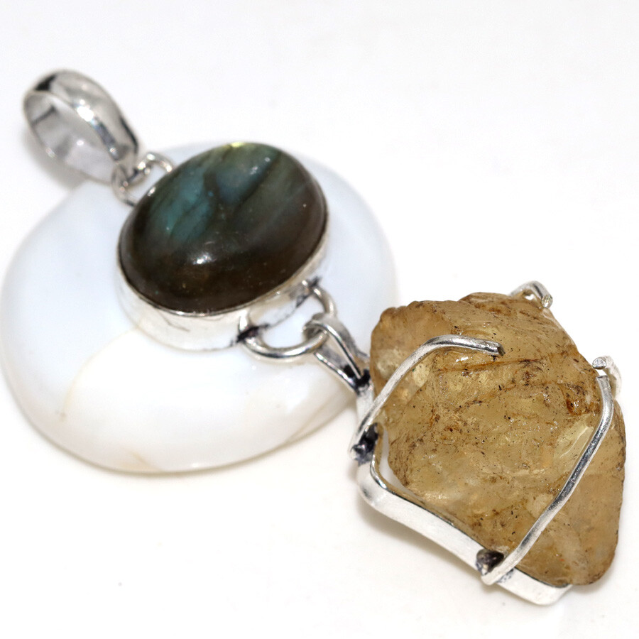 Citrine Rough Fiery Labradorite Silver Plated Long Pendant 2.5 Inches Jewelry