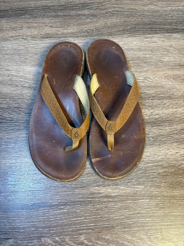 OluKai Kumu Brown Leather Slid On Womens Sandals Size 9