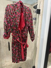 Victoria's Secret Robe Vintage Floral Silky Polyester Terry Lined Red Green