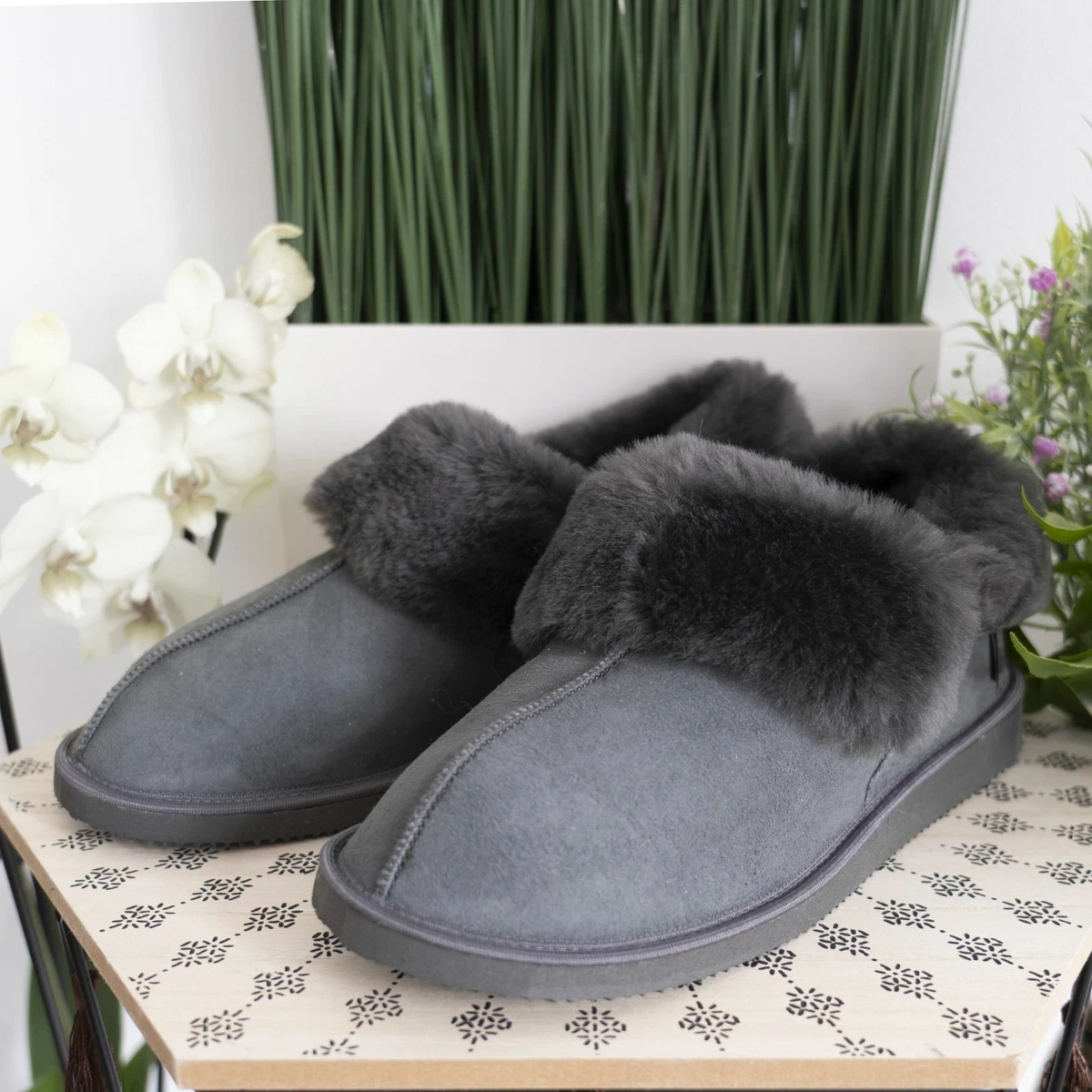 Damen & Herren Lammfell Hausschuhe Kanada Grau Fellschuhe Echtleder Merino Fell 