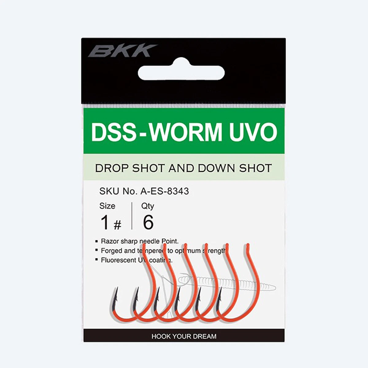 BKK Hooks Dss Worm Uvo Drop Shot Hook UV Orange Fishing Hook All Sizes