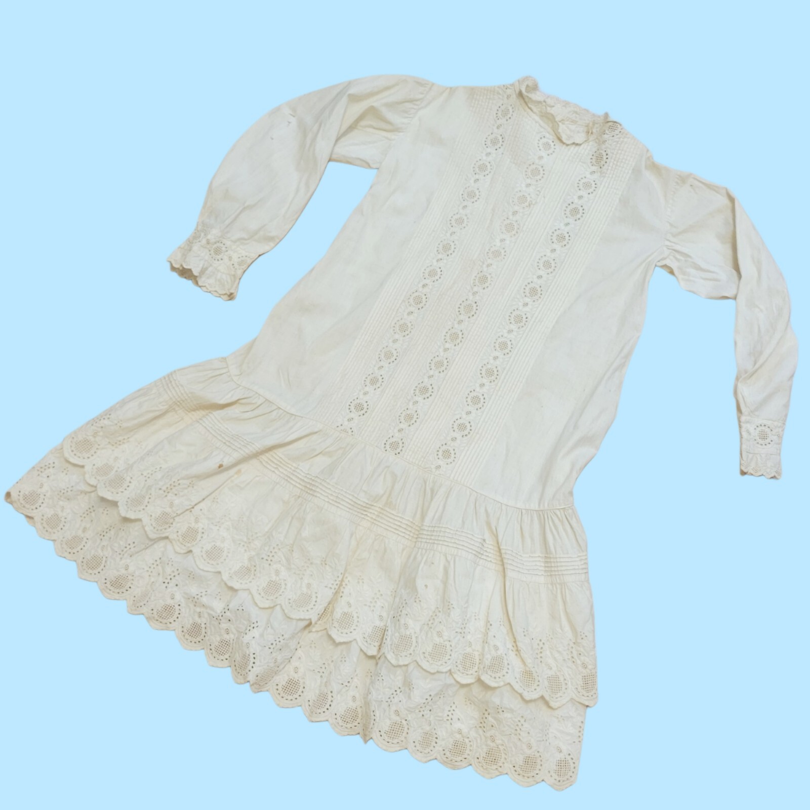 Antique Vintage Victorian Kids Dress Heavily Detailed Embroidered Ruffle Tiered