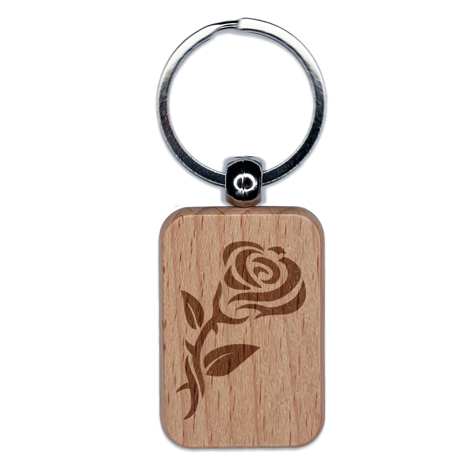 Tribal Rose Flower Engraved Wood Rectangle Keychain Tag Charm