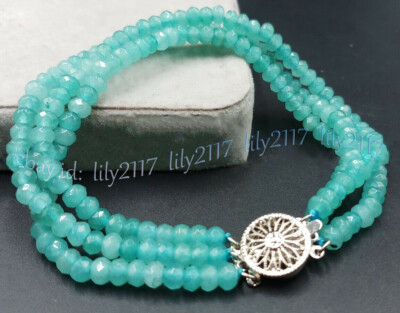 3 Rows Faceted 2x4mm Light Blue Aquamarine Rondelle Gems Beads Necklace