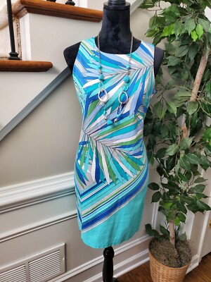 london times blue dress London Times Dress Womens 12 Teal Blue Paisley Sheath Shift Career Boho