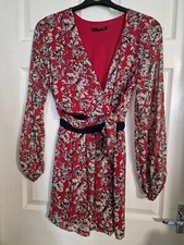 TFNC LONDON Ladies RED FLORAL  Skater Dress WRAP FRONT SIZE M (REF43)