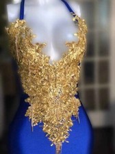 Royal blue with Gold Applique Ball Gown Lace Up Back Evening Prom Dress