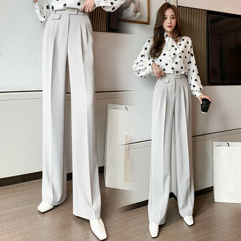 Womens Fashion High Waist Office Straight Pants Casual Loose Wide