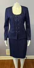 St John Evening Blue Floral Buttons Zip Sequin Suit Skirt Jacket Womens 6