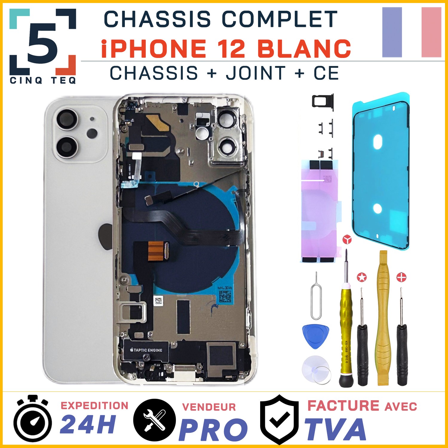 Châssis de remplacement iPhone 12 blanc en aluminium et verre avec kit