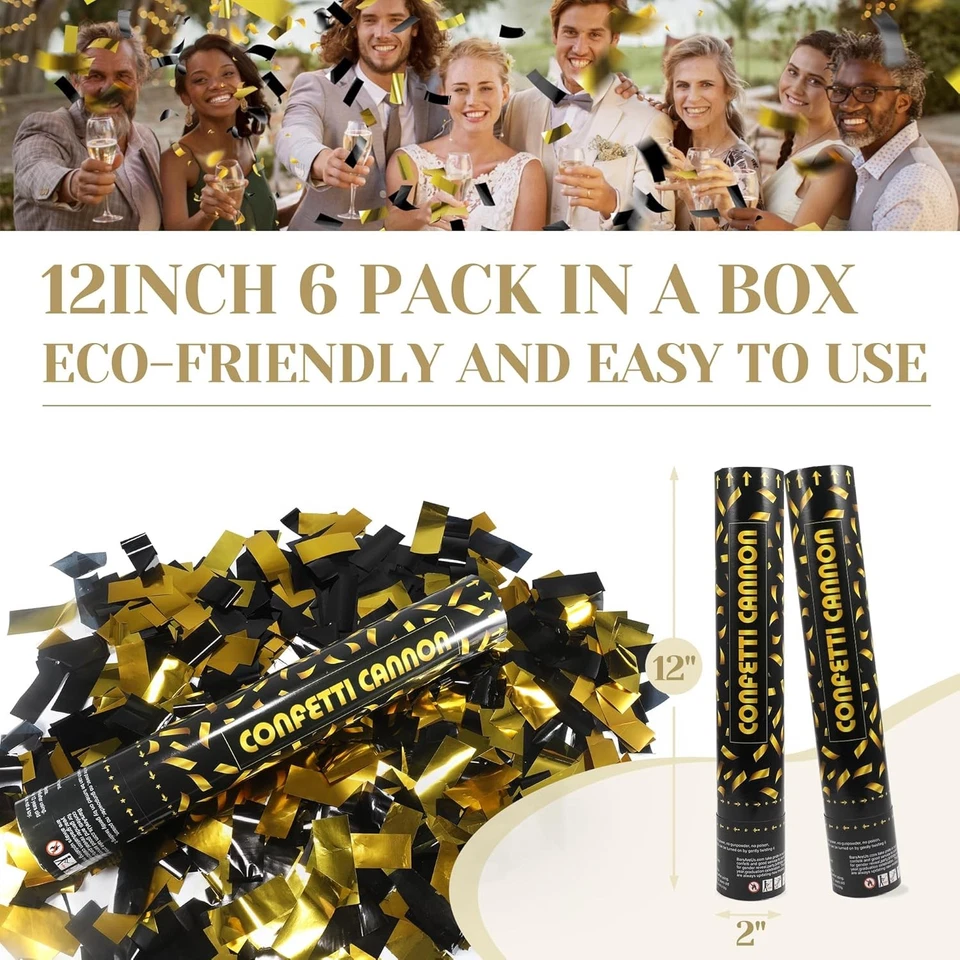 Poppers de confeti de oro negro, paquete de 6 12 pulgadas paquete de 6 y paquete de 6 dorados  Foto 4 de 4