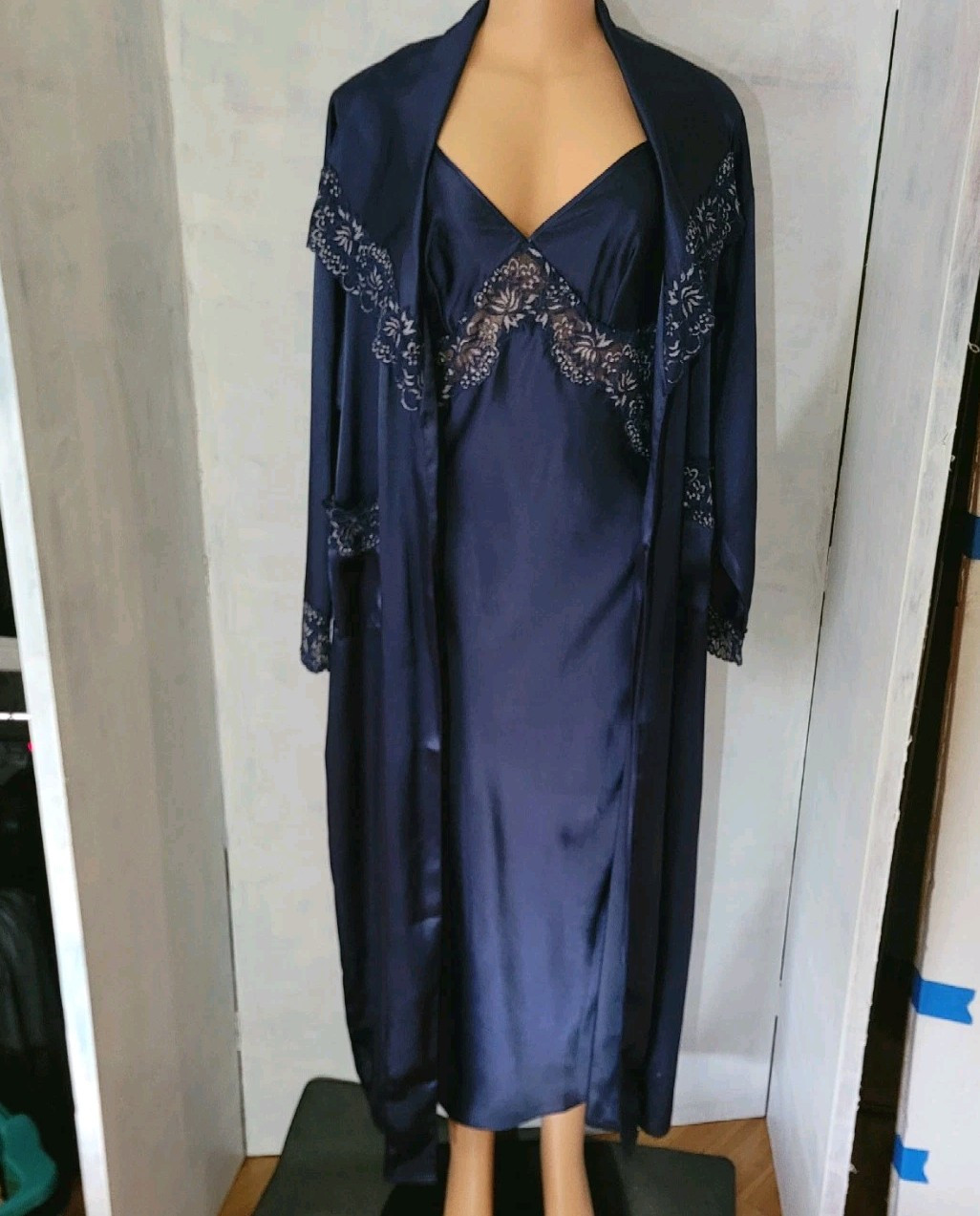 Glossly Midnight Blue SILKY SATIN Gown & Robe  lingerie Nightgown Set Size Small