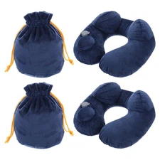 2Pcs Self-Inflatable Plush Pillow for Travel Airplane with Bag Navy Blue