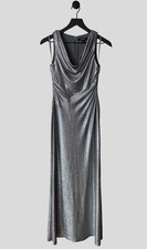 LAUREN RALPH LAUREN Silver Metallic Evening Gown Cowl Neck Formal Dress