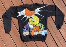Vintage Space Jam Sweatshirt Large Black Pullover Looney Tunes Tweety