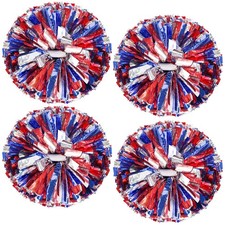 12 Metallic Cheerleading Pom Poms - 4 Pcs Blue, Red, Silver for Kids Adults