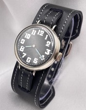 Rare  WWI Black Dial Swiss Made Trench Watch With Handmade Black Leather Strap