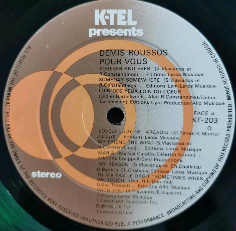 Vinyl LP Demis Roussos - Pour Vous VG KF-203 Canada Pop - Image 3 of 4