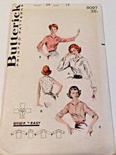 Butterick 8097 Shirt Blouse Top Sewing Pattern Ladies 14 VTG 50's UC Button Up