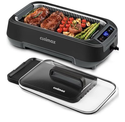 Cusimax GR-200 Electric Smokeless Grill Griddle Black Double Plates Non-Stick