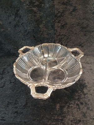 Silver Overlay Three Section Glass Dish Candy Relish Vintage