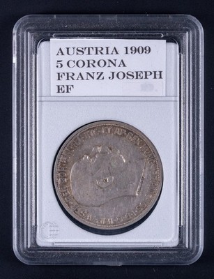 1909 Austria 5 Corona Silver Coin Emperor Franz Joseph I Austro-Hungarian WB101