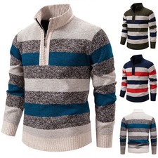 Mens Color-Block Stand-Up Collar Half-Zip Fleece-Lined Thermal Sweater