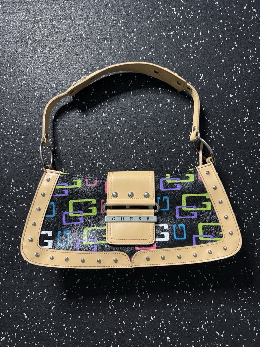 guess ハンドバッグ y2k Guess VTG Y2K Black Rainbow Monogram Logo Studded Shoulder Bag