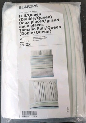 Ikea Blarips Full Queen Duvet Cover Stripes Whit Blue Green Grey 84'' x 88''