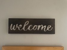 Welcome Rustic Wood Wall Plaque, Decorative, Brown White Script, Medium, Hanging