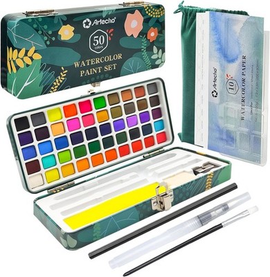 Artecho Aquarellfarben Set (50 Farben) in Tragbarer Box, Pinsel, Aquarellpapier