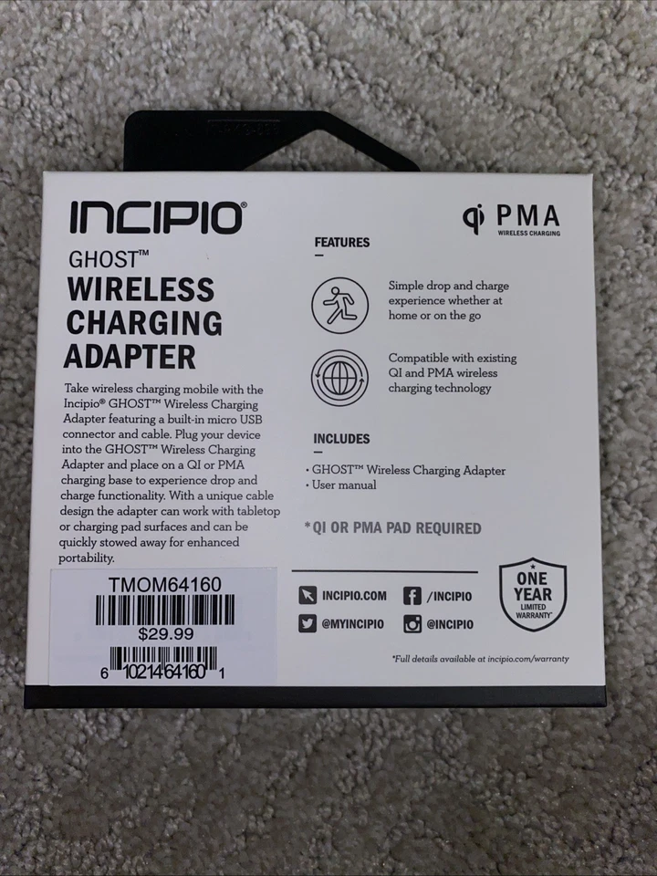 8 NUEVO Adaptador de Carga Inalámbrico Incipio Ghost con Conector Micro USB Android Foto 4 de 4