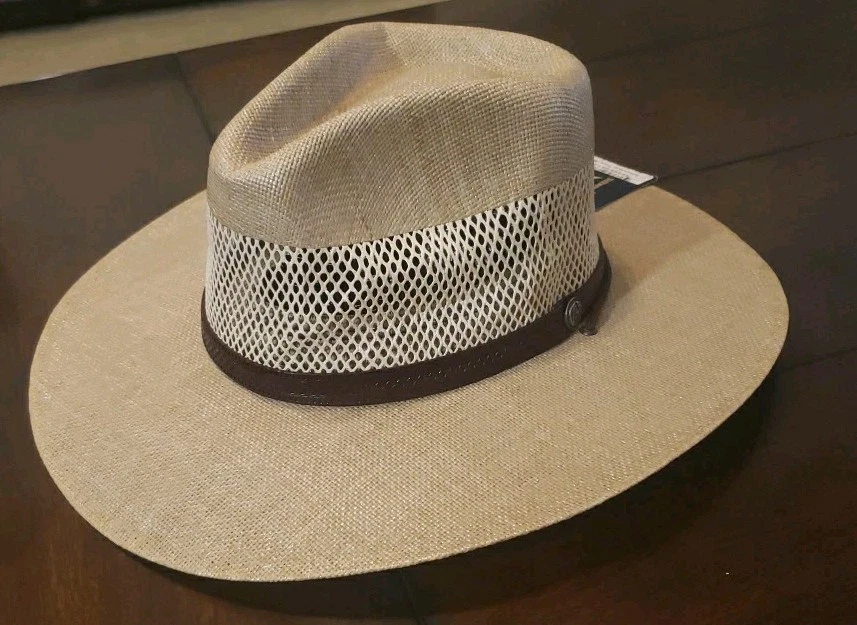American Hat Makers Florence Wide Brim Straw Sun Hat Medium Adjustable Strap Tan
