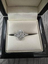 Platinum 950 Emerald Cut 0.52ct Diamond Halo Engagement Ring GIA Report J