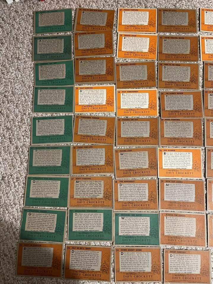 Lote de tarjetas coleccionables 1956 Topps Davy Crockett (60 tarjetas) - dorso verde y naranja Foto 2 de 4