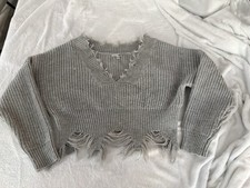 Fashion Nova Oversized Grey Distressed Frayed B-neck Sweater S