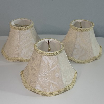 Lot Of 3 Small Clip on Lamp Shade White Tan Fabric Bell Shape 5''X 7'' Ruffle Trim