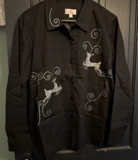 The Quacker Factory Black Stretch  Silver embroidered reindeer Womens Sz Lg NWT 