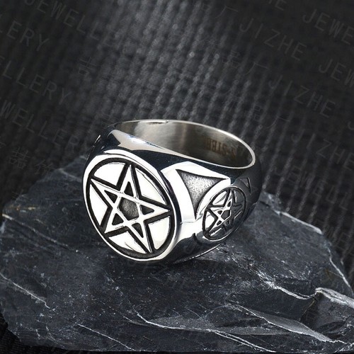 Edelstahl Satan umgekehrter Pentagrammring nach unten Pentakel Luzifer Männer Ring - Bild 3 von 4